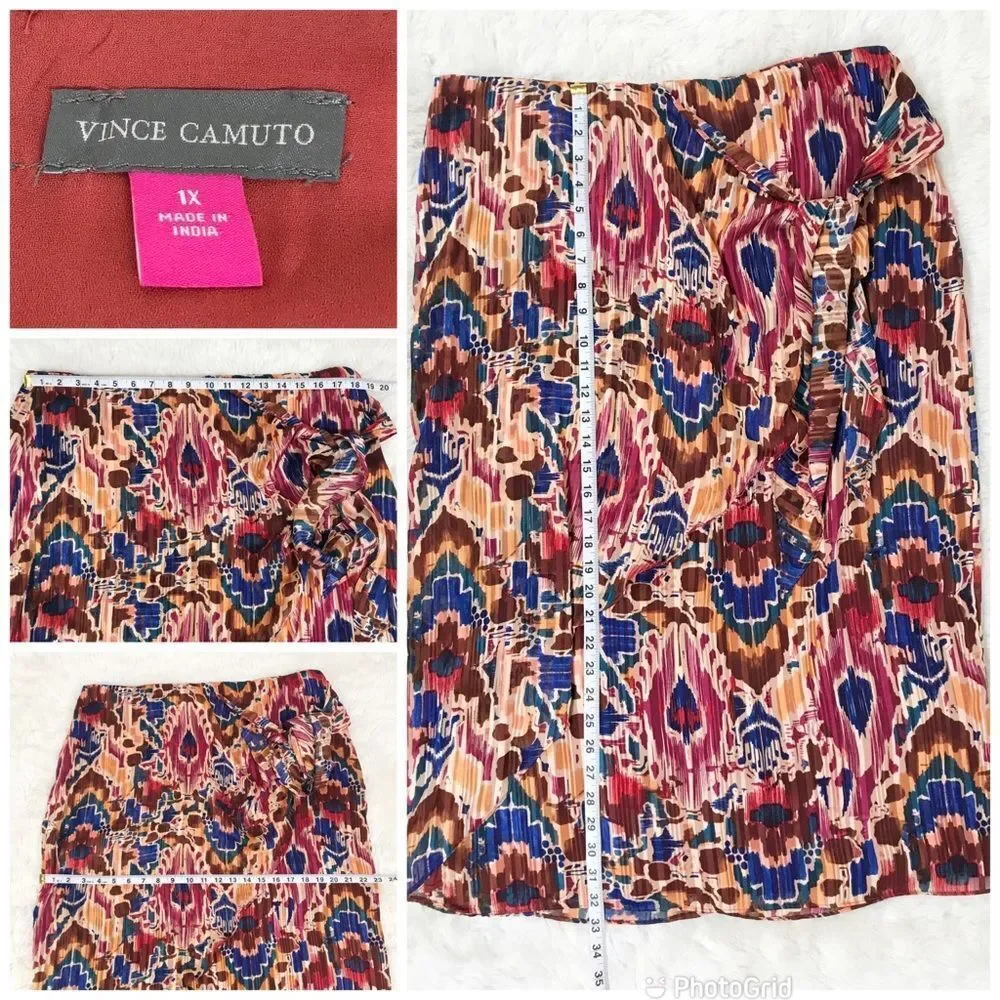VINCE CAMUTO Tie Waist Midi Skirt Ikat Print Burgundy Orange Plus Size 1X 3X New